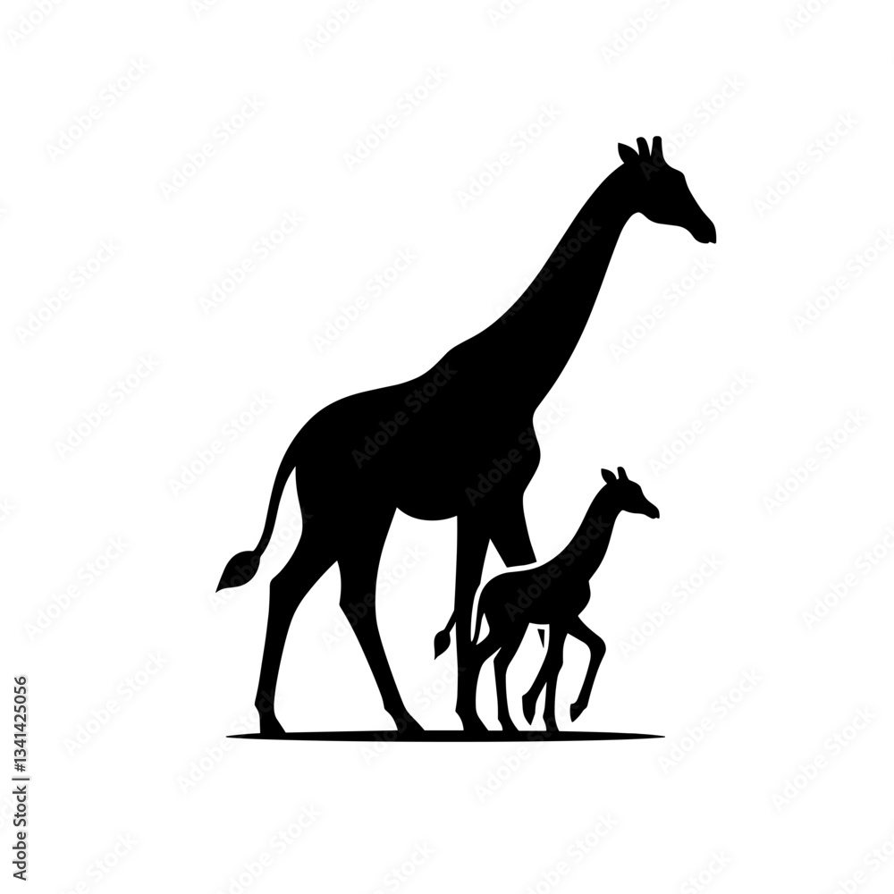Fototapeta premium Giraffe with calf silhouette on white background