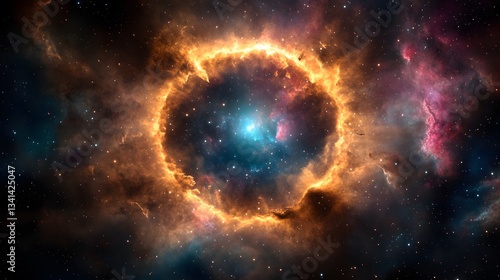 Fototapeta Naklejka Na Ścianę i Meble -  A futuristic AI-generated space station orbiting a breathtaking, vibrant nebula