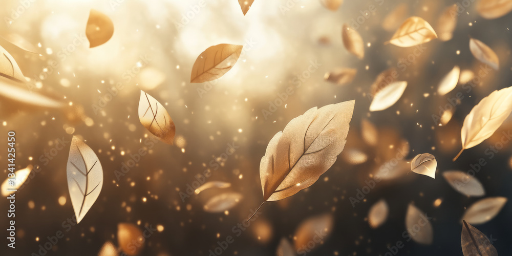 A nature-inspired 3D background with floating translucent leaves illuminated by soft, golden sunlight. The gentle movement and warm color palette evoke a sense of peace and serenity, perfect for