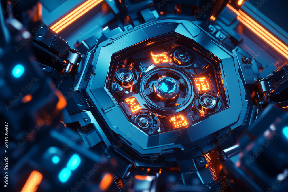 A mechanical hexagonal 3D background where each hexagon opens like a hatch, revealing glowing, animated gears underneath. The metallic surfaces reflect deep blue and cyan neon lights, creating an