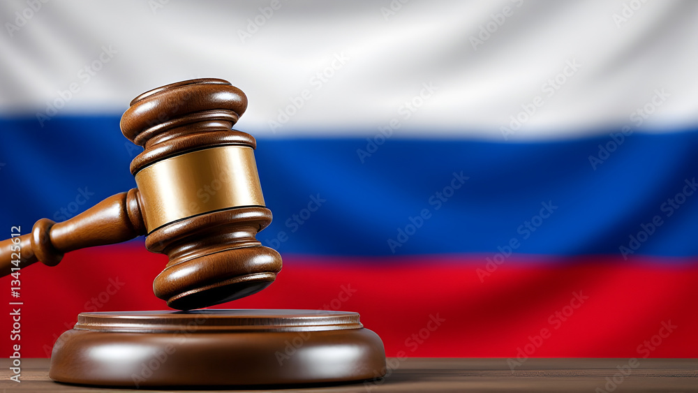 Wooden Gavel on Block with Russian Flag in Background Representing Law, Justice, and Legal Authority in Russia Wooden Gavel on Block with Russian Flag in Background Representing Law, Justice, and Legal Authority in Russia
