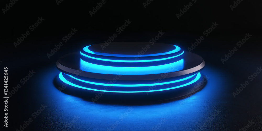A sci-fi inspired 3D background featuring a floating, levitating platform illuminated by glowing blue energy rings. The dark void surrounding the structure adds to the sense of mystery and futuristic