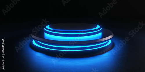 Obraz na płótnie A sci-fi inspired 3D background featuring a floating, levitating platform illuminated by glowing blue energy rings. The dark void surrounding the structure adds to the sense of mystery and futuristic w salonie