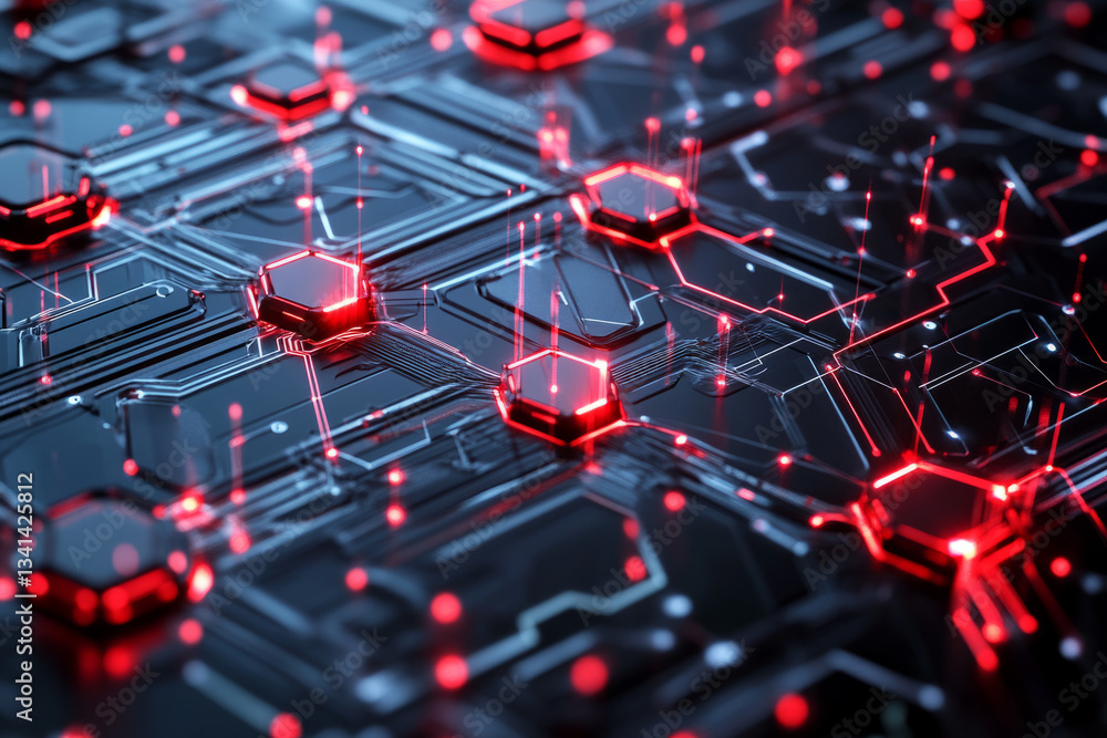 A dark cybernetic 3D background with metallic hexagons forming an intricate honeycomb pattern, embedded with red LED circuits and holographic data streams. Some hexagons appear raised, creating a