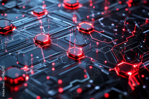 Obraz na płótnie A dark cybernetic 3D background with metallic hexagons forming an intricate honeycomb pattern, embedded with red LED circuits and holographic data streams. Some hexagons appear raised, creating a w salonie