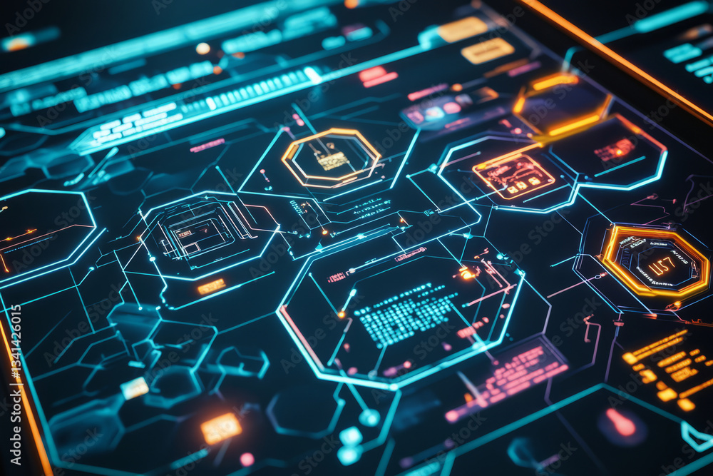 A hyper-advanced police department where officers operate within a digital crime-tracking system made of interconnected hexagonal data screens. The neon cyber interface, AI crime prediction algorithms