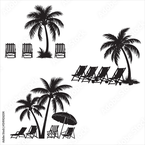 set vector various palam tree and beach chair, beach chair with umbrella silhouettes