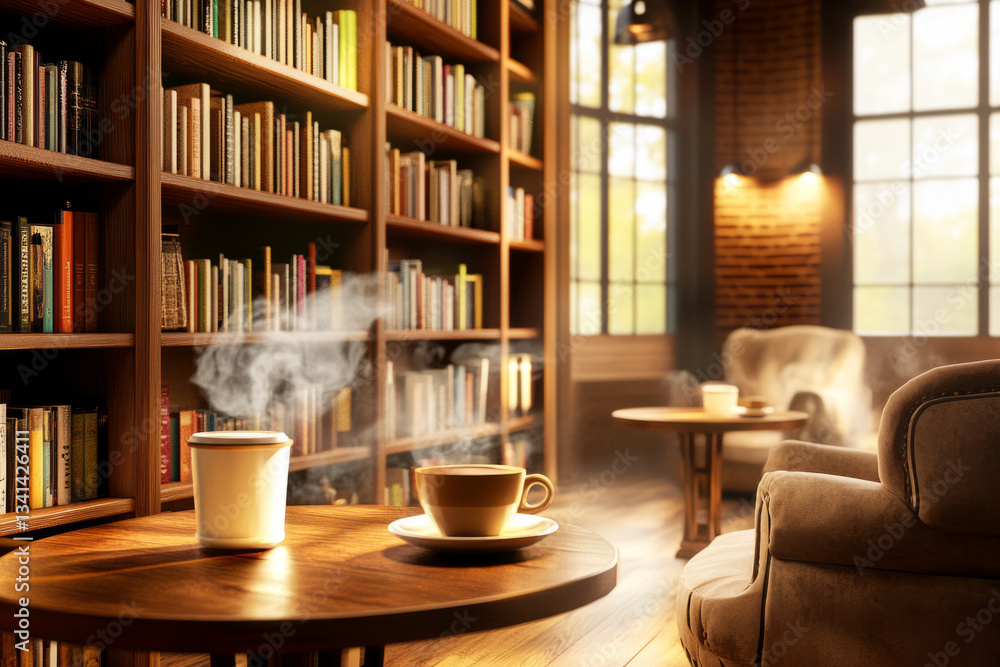 A cozy book café 3D background room with warm wooden shelves packed with books, soft golden lighting, and steaming cups of coffee on rustic tables. The inviting atmosphere is enhanced by plush