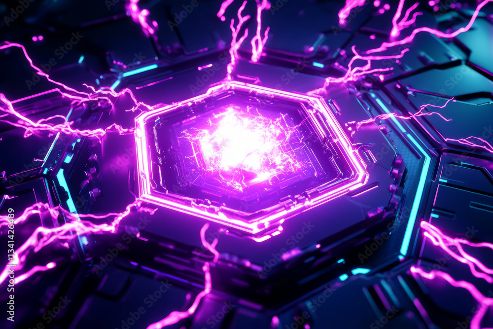A high-tech energy core surrounded by floating hexagonal plates radiating vibrant neon light. The futuristic power generator pulsates with intense energy, generating arcs of electricity that dance