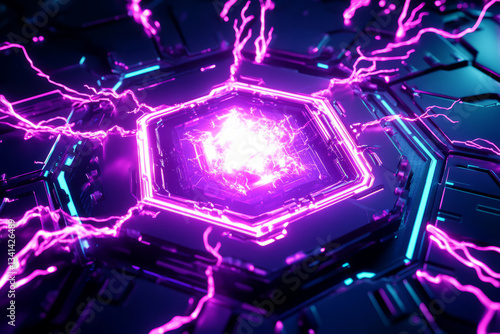 A high-tech energy core surrounded by floating hexagonal plates radiating vibrant neon light. The futuristic power generator pulsates with intense energy, generating arcs of electricity that dance