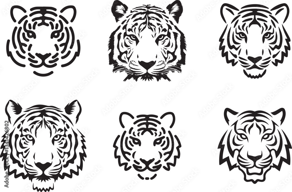 Minimalist tiger head silhouette line art set vector illustration. Minimalist tiger head silhouette line art set vector illustration.