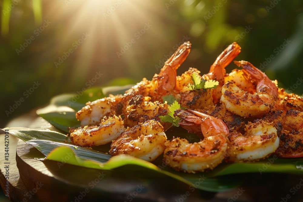Grilled Shrimp Served on Leafy Plate with Vibrant Sunlight Background Grilled Shrimp Served on Leafy Plate with Vibrant Sunlight Background