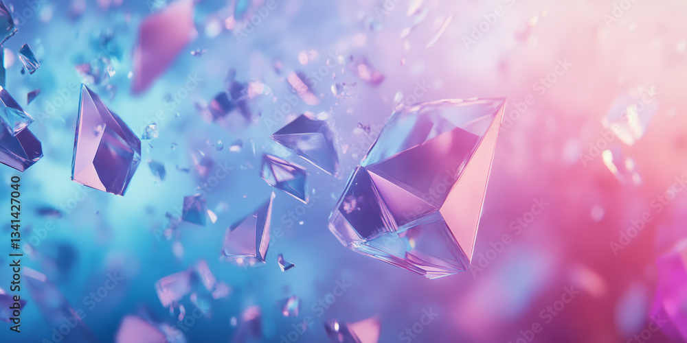 A dynamic 3D background with layered, semi-transparent geometric shapes floating in mid-air. The scene has a soft depth of field effect with warm ambient lighting. The color palette consists of pastel