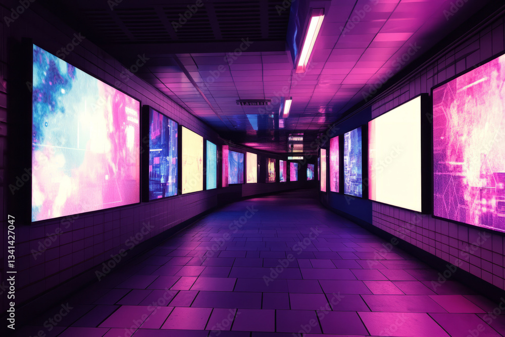 A cyberpunk-inspired subway station with walls made of illuminated hexagonal panels. The dimly lit underground atmosphere, enhanced by digital advertisements and flickering neon reflections, creates a