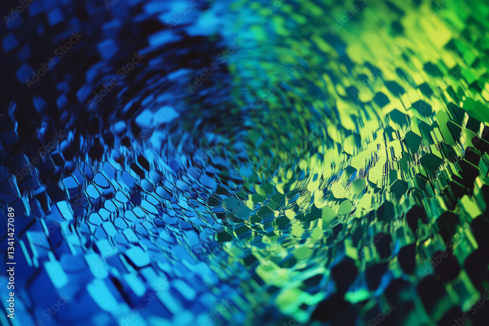 A vibrant 3D background with hexagons shifting in color from deep blue to electric green. The dynamic gradient effect and slight transparency give the illusion of a pulsating energy field, perfect for