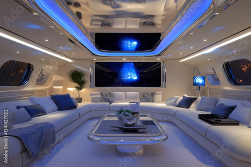 A sleek luxury spaceship interior 3D background room with curved chrome surfaces, soft ambient lighting, massive digital windows displaying deep space, and a floating AI hologram assistant guiding the