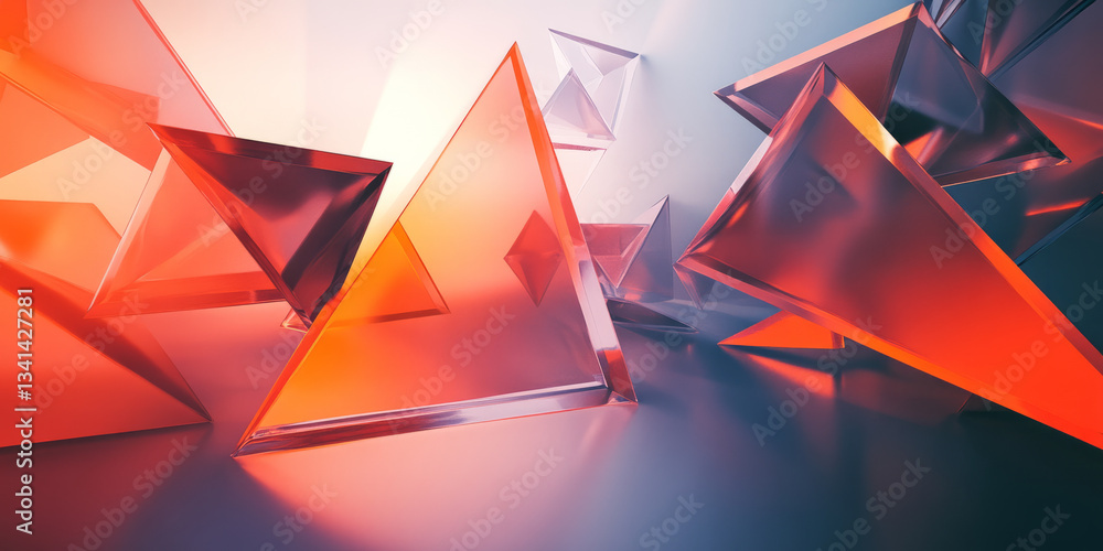A geometric 3D background with floating translucent pyramids arranged in a dynamic, layered composition. The interplay of light and reflections makes the scene visually compelling and modern.