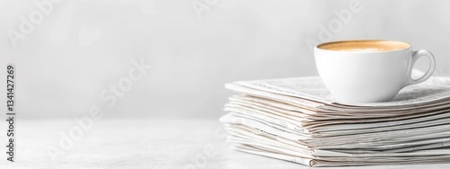 Freshly Brewed Coffee Cup on Stack of Newspapers for Morning Routine