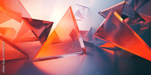 Obraz na płótnie A geometric 3D background with floating translucent pyramids arranged in a dynamic, layered composition. The interplay of light and reflections makes the scene visually compelling and modern. w salonie