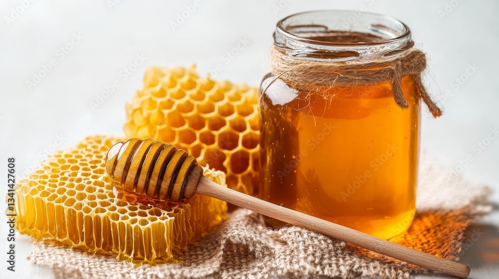 Fresh golden honey in jar with honeycomb and dipper on rustic fabric. Fresh golden honey in jar with honeycomb and dipper on rustic fabric.
