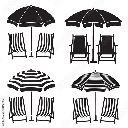 set vector various palam tree and beach chair, beach chair with umbrella silhouettes