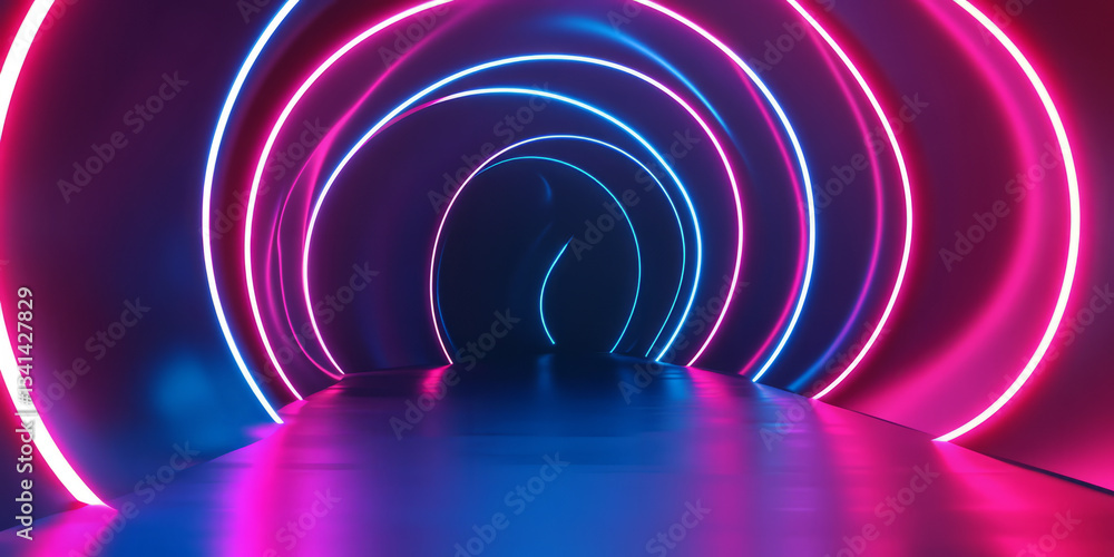 A dynamic 3D background featuring a futuristic tunnel with glowing neon rings extending into infinity. The vibrant blue and magenta hues create a cyberpunk aesthetic, with reflections on the sleek