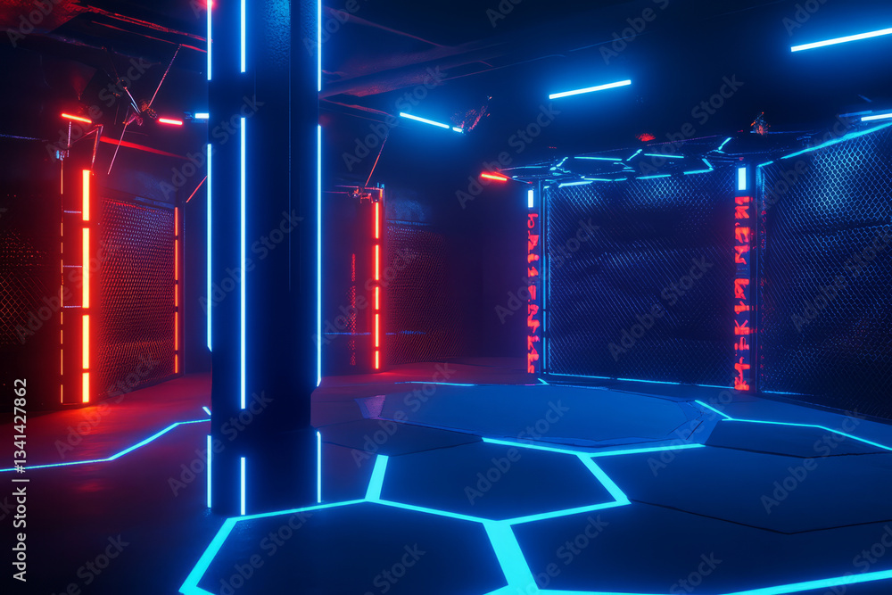 A neon-lit cyber dojo where fighters train within hexagonal energy barriers. The holographic martial arts simulations, AI-driven training opponents, and glowing futuristic weapons create a thrilling