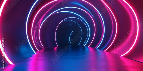 Obraz na płótnie A dynamic 3D background featuring a futuristic tunnel with glowing neon rings extending into infinity. The vibrant blue and magenta hues create a cyberpunk aesthetic, with reflections on the sleek w salonie