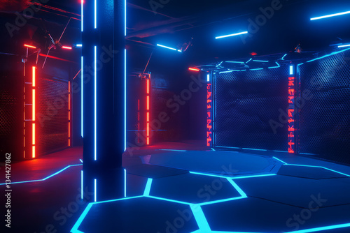Obraz na płótnie A neon-lit cyber dojo where fighters train within hexagonal energy barriers. The holographic martial arts simulations, AI-driven training opponents, and glowing futuristic weapons create a thrilling w salonie
