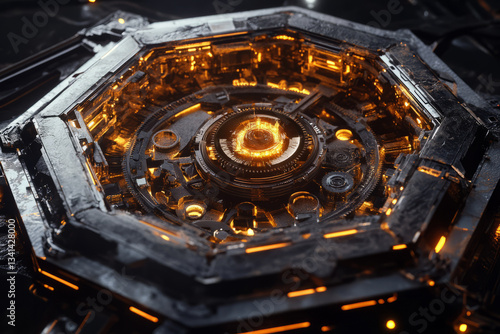 Obraz na płótnie A colossal hexagonal clockwork mechanism, where glowing gears and rotating circuits power an AI-driven timekeeping device. The futuristic concept blends ancient timekeeping principles with advanced w salonie