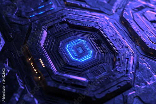 A mechanical 3D background where hexagonal plates shift and rotate like interlocking gears. The metallic surface is covered with fine circuit engravings, glowing with electric blue neon light, adding