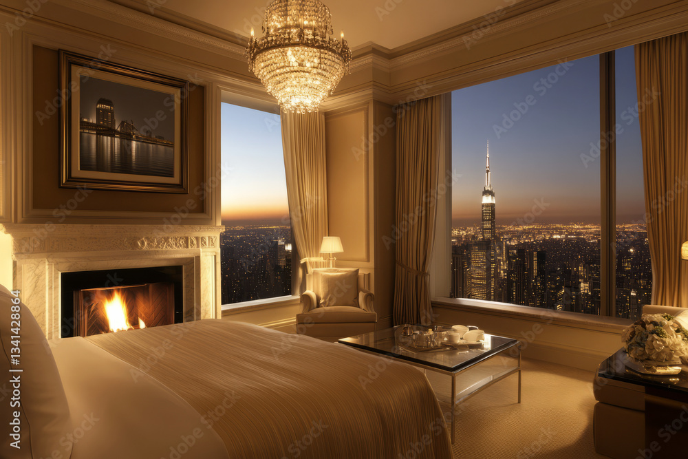 A luxurious presidential suite 3D background room with floor-to-ceiling windows revealing a breathtaking cityscape, a king-sized bed adorned with silk sheets, an elegant marble fireplace crackling