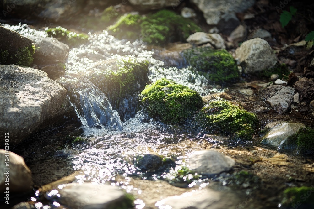 Mountain stream flowing over rocks, mossy stones, sunlight Mountain stream flowing over rocks, mossy stones, sunlight