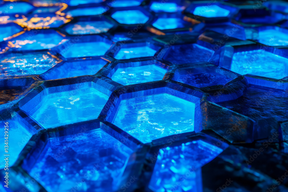 A surreal cyber-realm constructed entirely from floating hexagonal platforms. The vast digital world pulses with electric blue neon light, shifting and reconfiguring itself dynamically, forming an
