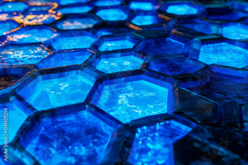 A surreal cyber-realm constructed entirely from floating hexagonal platforms. The vast digital world pulses with electric blue neon light, shifting and reconfiguring itself dynamically, forming an