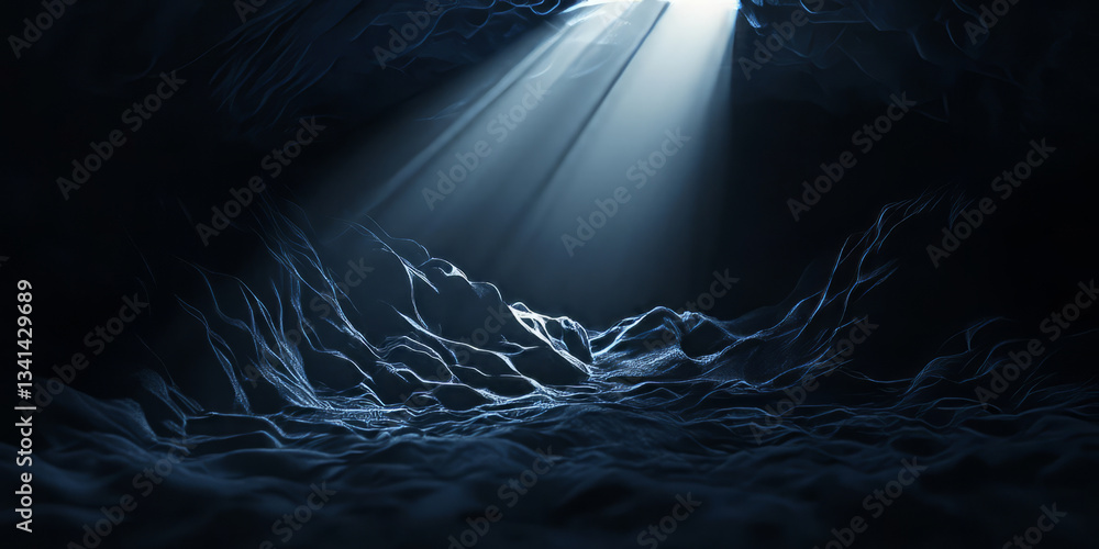 A dramatic 3D background with an intense light beam cutting through complete darkness, illuminating abstract structures made of matte black material. The interplay of light and shadow creates a