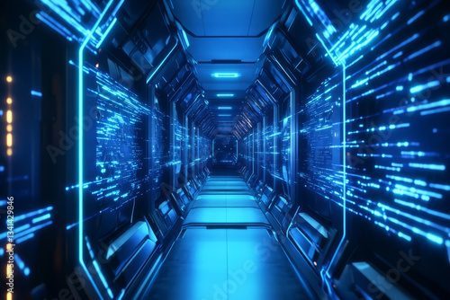 Obraz na płótnie A futuristic digital corridor composed of interconnected hexagonal panels emitting a soft blue neon glow. The walls shift dynamically, revealing hidden data streams and AI-driven interfaces, creating w salonie