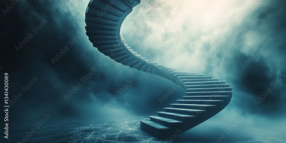 A surreal 3D background featuring an endless spiraling staircase floating in a misty, ethereal void. The soft lighting and dreamlike atmosphere evoke a sense of mystery and wonder.