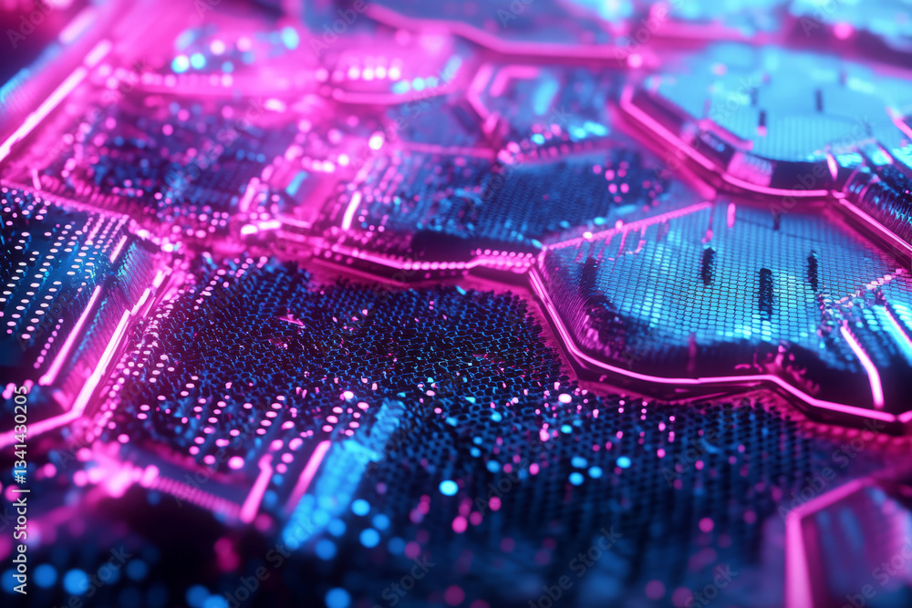 A neon cyberpunk 3D background with hexagons outlined in electric pink and blue. The glowing pattern pulsates with digital energy, giving the impression of a futuristic virtual reality interface.