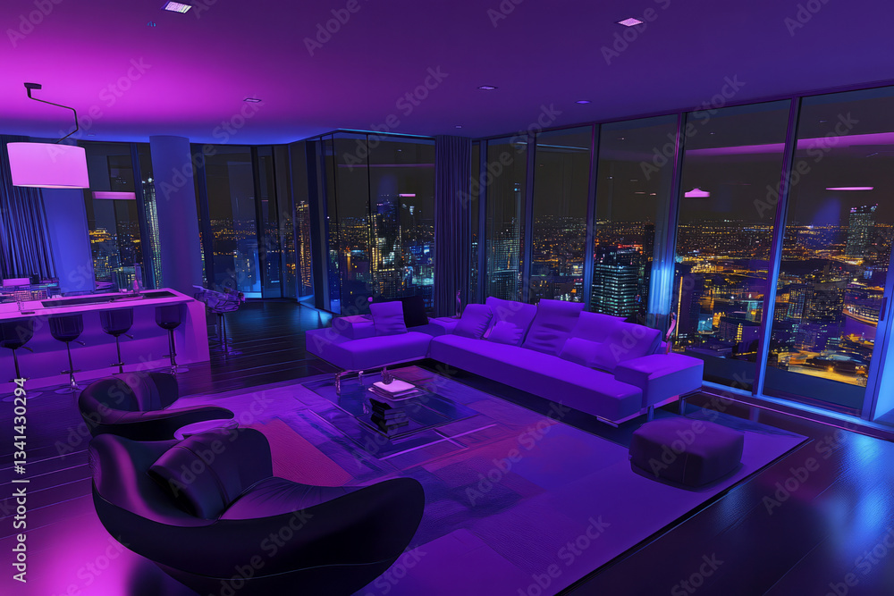 A sleek billionaire’s penthouse 3D background room with an expansive open floor plan, high-end designer furniture, and a panoramic glass wall showcasing a vibrant nighttime cityscape. The