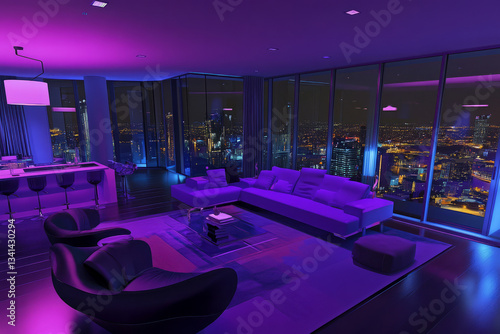 Obraz na płótnie A sleek billionaire’s penthouse 3D background room with an expansive open floor plan, high-end designer furniture, and a panoramic glass wall showcasing a vibrant nighttime cityscape. The w salonie