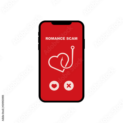 A smartphone displays a warning for romance scams featuring a heart and hook symbol on the screen.