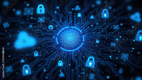 Cybersecurity graphic with Kubernetes nodes and lock icons, representing secure cloud computing infrastructure.