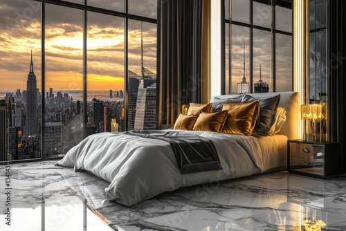 A luxurious five-star hotel suite 3D background room with floor-to-ceiling windows overlooking a city skyline, elegant marble floors, and a king-size bed adorned with plush designer pillows. The
