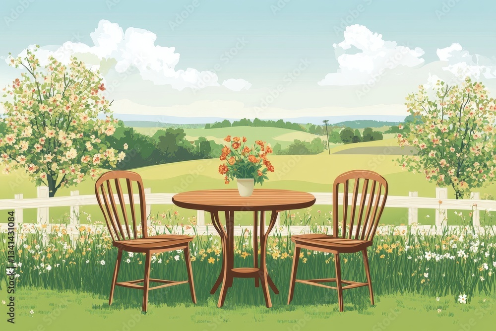 Obraz premium Tranquil Garden Table Scene with Flowers and Scenic Background