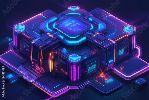 Obraz na płótnie A neon-lit digital fortress built from massive interconnected hexagonal towers. The ultra-secure AI-controlled base defends against cyber-attacks, with glowing firewall barriers and holographic w salonie