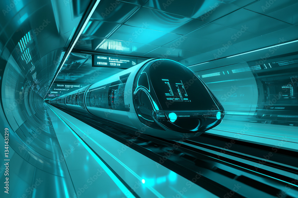 A futuristic hyperloop station 3D background room with sleek, curved architecture, glowing navigation signs, and a high-speed train suspended in a glass tunnel. The smooth metallic surfaces reflect