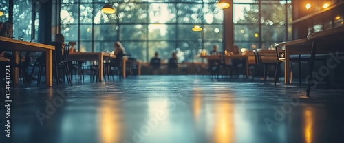 Modern cafe interior with people, large windows