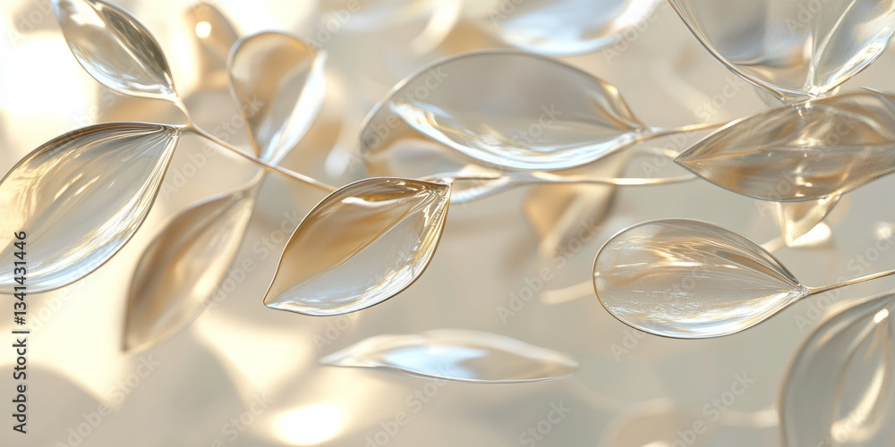 A nature-inspired 3D background featuring floating glass-like leaves, each reflecting soft ambient light. The delicate interplay of transparency and shadows creates a peaceful and elegant atmosphere.