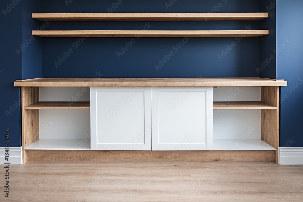 Fototapeta premium Wooden and White Shelving Unit Displayed Against Blue Wall